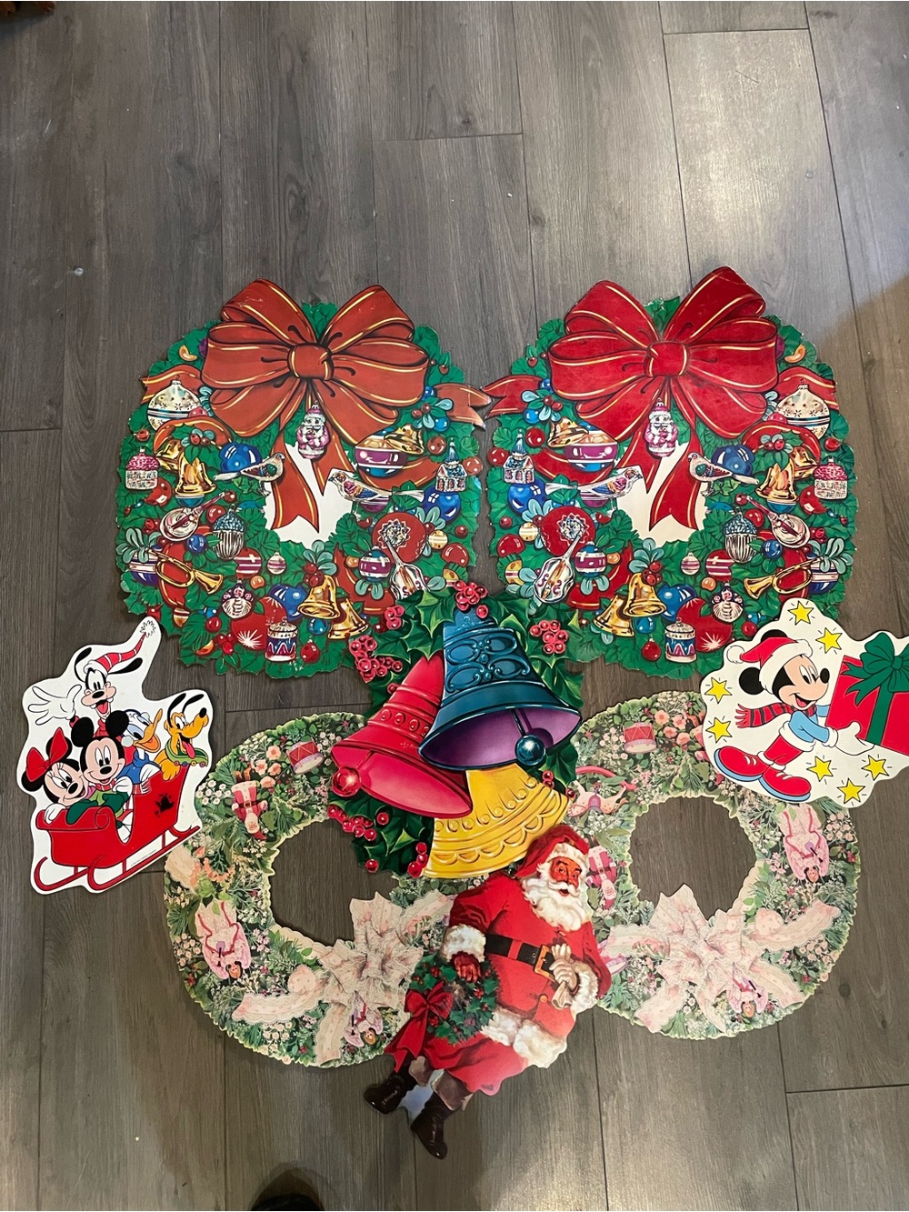 Vintage Christmas Window Wall Displays Paper Santa Wreaths
